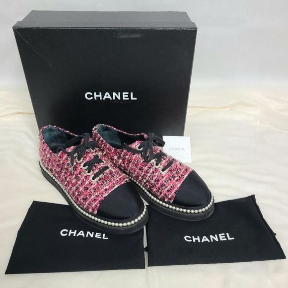 Authentic Chanel Lace Up  Pink and Black Tweed Pearl "CC" Logo Platform Sneakers - Picture 1 of 16